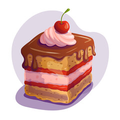 Cake with chocolate, cream and cherry on white background. Vector illustration.