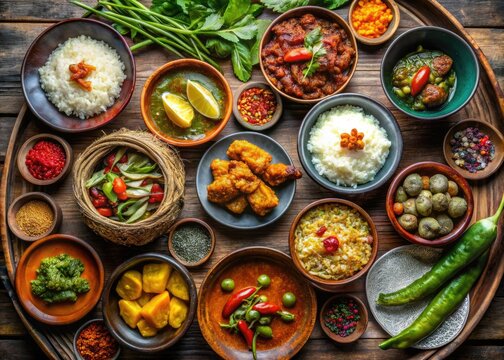 Traditional Sikkimese cuisine showcased with vibrant ingredients and genuine serving dishes, celebrating rich flavors and cultural heritage in every delicious bite. An enticing feast for the senses.