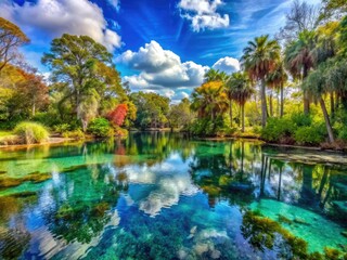 Obraz premium Tranquil scenery at Rainbow Springs State Park showcases vibrant foliage and shimmering water reflections, creating a serene escape into nature's beauty and tranquility.