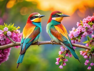 Fototapeta premium Two colorful birds sit cozily on a branch, their affection evident against a picturesque natural scene, creating a delightful tableau of love and harmony.