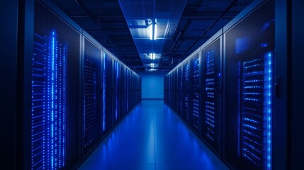 High-tech futuristic data center with blue glowing lights under a dark atmosphere featuring rows of servers and advanced technology