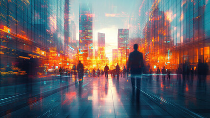 Plakat Double exposure of a digital identity, a city street view with business people walking in motion blur