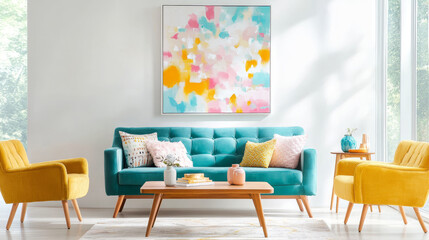 A bright and airy mid century modern living room featuring vibrant teal sofa, yellow armchairs, and stylish coffee table. colorful artwork adds cheerful touch to space
