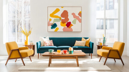 A bright and airy mid century modern living room featuring teal sofa, yellow armchairs, and stylish coffee table. vibrant artwork adds cheerful touch to space