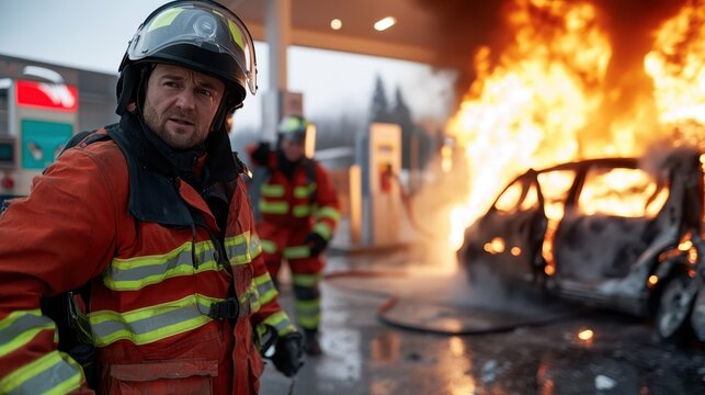 A team of firefighters in protective gear work to extinguish a fiery blaze at a gas station in winter conditions, emphasizing bravery and teamwork amidst danger.