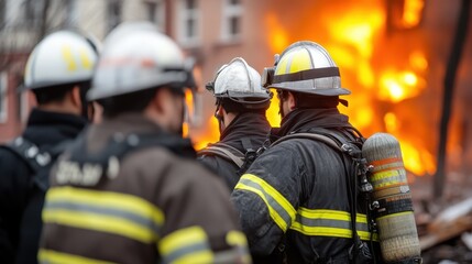 Obraz premium A group of firefighters in helmets and special equipment collaborate to manage and extinguish a large fire in a building, showcasing strategic teamwork and bravery.