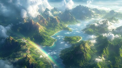 An aerial view of a lush, tropical island with a rainbow in the sky.