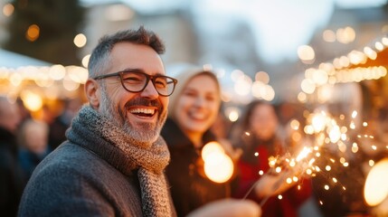 Obraz premium A smiling couple, holding sparklers amidst the enchanting glow of a winter market, captures the essence of joy and connection under a sky illuminated with fireworks.