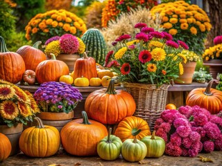 Vibrant Fall Flowers Surrounded by Colorful Pumpkins in a Harvest-Themed Seasonal Decor Setting