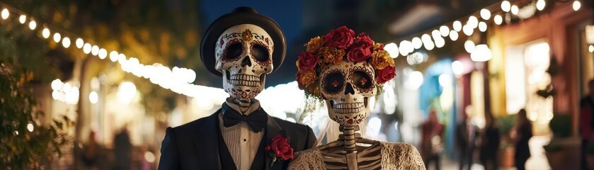 A whimsical couple of skeletons dressed for a celebration, surrounded by lights and vibrant atmosphere, perfect for Halloween themes.