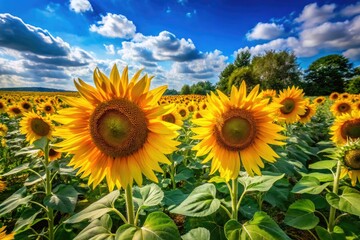 Obraz premium Vibrant Field of Sunflowers Under Clear Blue Sky - High Definition Nature Photography for Stock Use