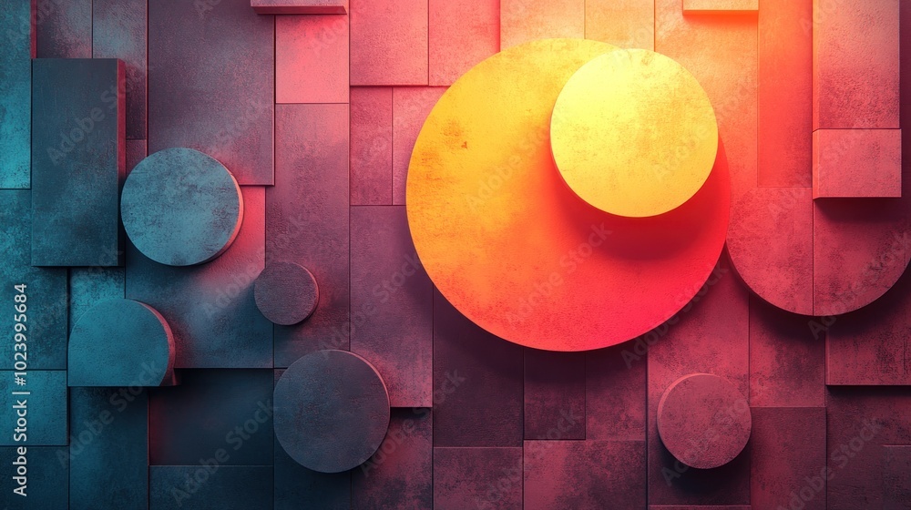 Poster abstract geometric shapes and patterns with vibrant colors and shadows, creating a modern and artist
