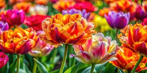 Fototapeta premium Vibrant Parrot Tulips in Bloom Showcasing Unique Petal Shapes and Rich Colors in a Garden Setting