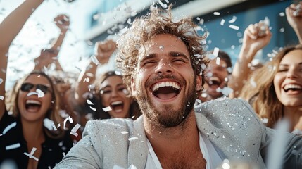 A cheerful man in a silver jacket, surrounded by friends, triumphantly celebrates outdoors with joyous expressions, capturing a lively and memorable moment.