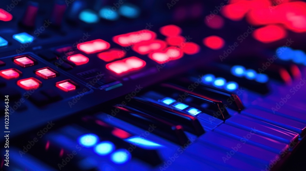Poster close up of a synthesizer keyboard with illuminated keys and buttons.