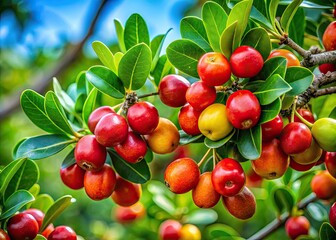 Obraz premium Vivid Capulin fruit dangles from branches in a rich green landscape, offering an exquisite backdrop for nature photography and celebrating the splendor of the wild.