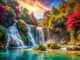 Watercolor paintings of serene waterfalls illustrate nature's beauty, featuring tranquil scenes bathed in vibrant colors that embody flowing water and the serenity of lush environments.