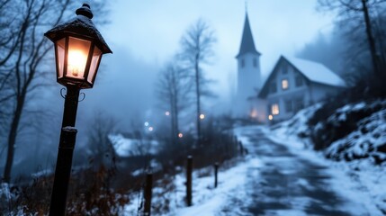 A mystical pathway leading to a snow-draped church enveloped in twilight mist, glowing warmly with street lamps amidst a tranquil, ethereal wintry scene.