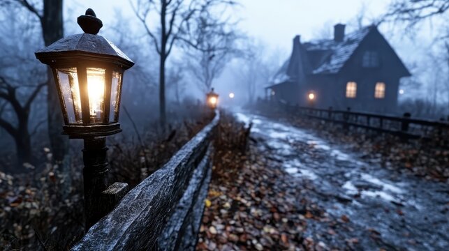 A charming scene of glowing rustic lanterns lining a path in a wintery forest, leading past cozy cabins and evoking feelings of mystery and nostalgia.