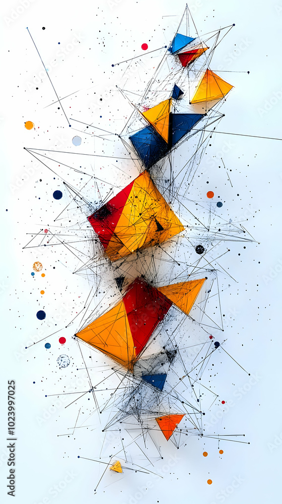 Poster abstract geometric shapes intersect with lines and dots on white background