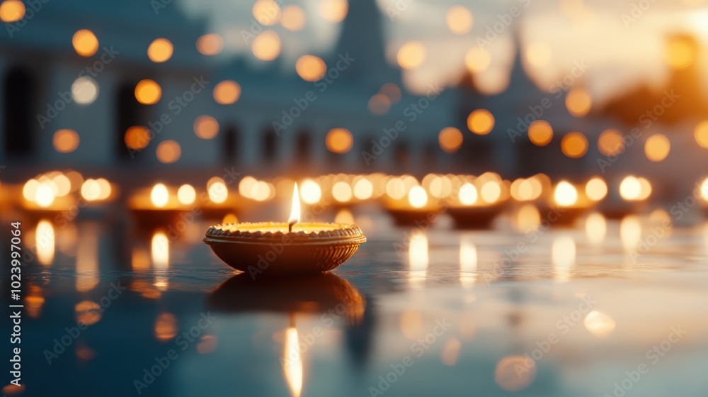 Aufkleber a single candle glowing warmly in the forefront with a soft bokeh effect of blurred lights in the ba