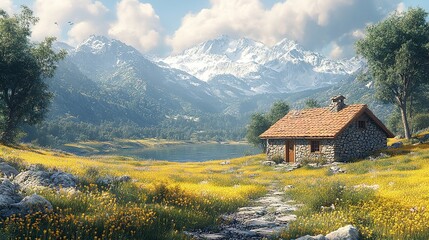 Fototapeta premium Stone Cottage in a Mountain Meadow with a Lake View