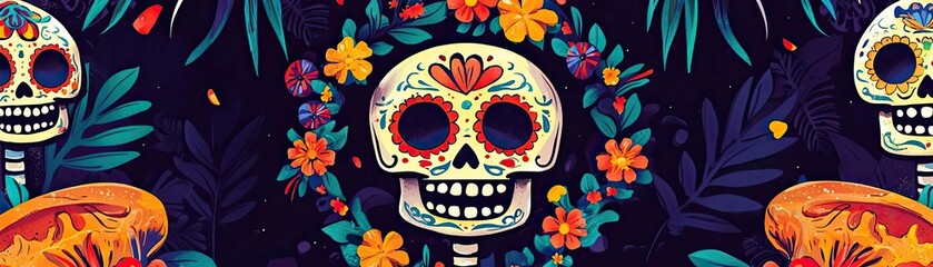 Colorful sugar skull design surrounded by vibrant flowers and foliage, perfect for Dia de los Muertos celebrations.