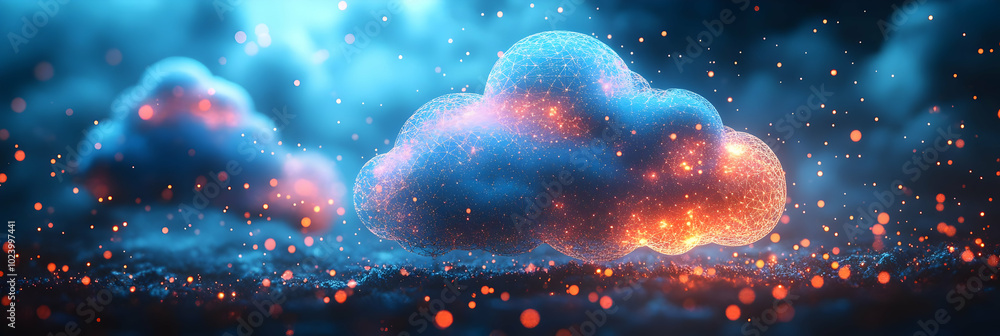 Poster glowing cloud computing with network connections on a dark blue background