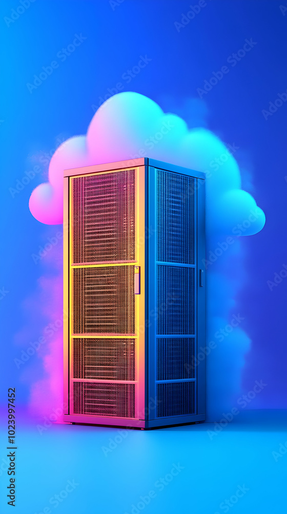 Poster server rack stands tall with a colorful cloud background