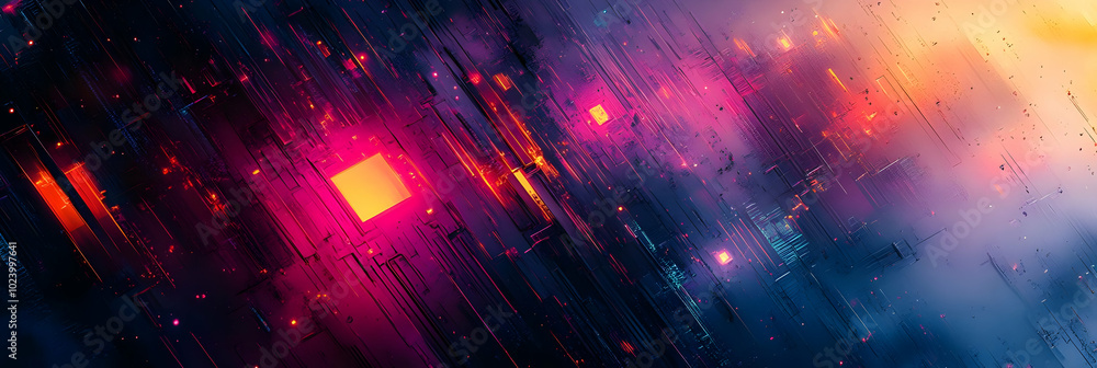 Poster abstract digital art features glowing lines and shapes on dark background