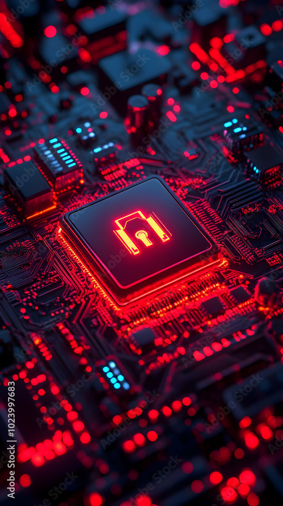 Poster glowing red microchip features padlock icon on circuit board