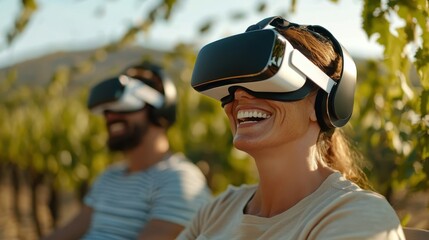 A woman laughs joyfully while wearing a virtual reality headset, experiencing a virtual vineyard tour, capturing the blend of technology and nature vividly.