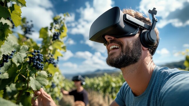 A man excitedly wears a virtual reality headset in a vineyard, showcasing the delightful blending of modern digital experiences with nature's beauty.