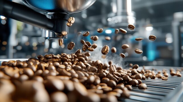 Freshly roasted coffee beans cascade onto a metal conveyor belt in a modern factory, capturing the dynamic motion and aroma of the coffee production process.