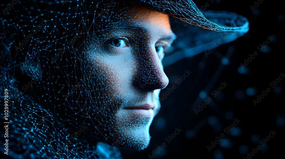 Poster man with hat covered in abstract blue network mesh on dark background