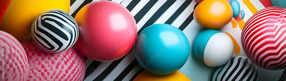 Aufkleber colorful 3d spheres with patterns rest on a striped background