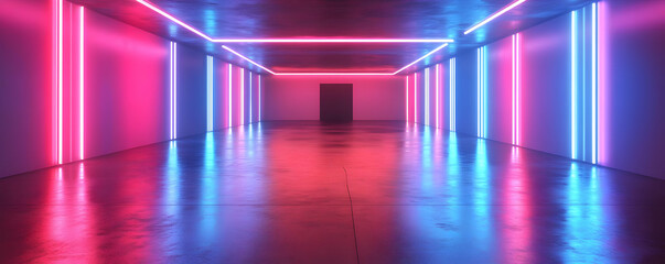 Neon Tunnel with Blue and Pink Lights Illuminates Empty Room