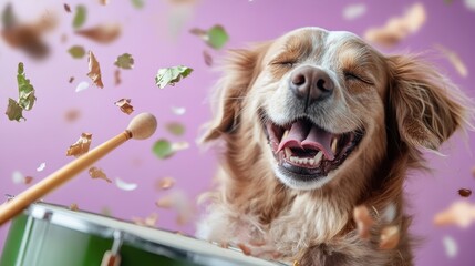 An exuberant beagle plays the drums while leaves flutter joyfully around, creating a scene filled...