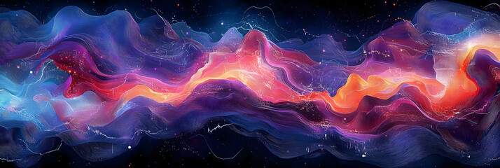 Fototapeta premium Abstract Background with Wavy Lines and Colorful Shapes on Black Background