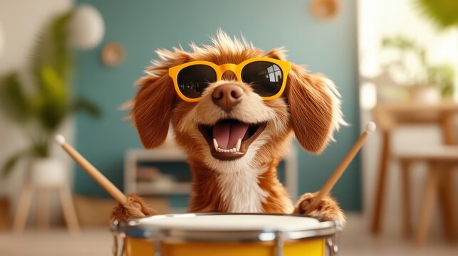 A stylish dog wearing sunglasses plays drums with enthusiasm, exuding a cool and laid-back vibe in a setting that blends fun and creativity seamlessly.