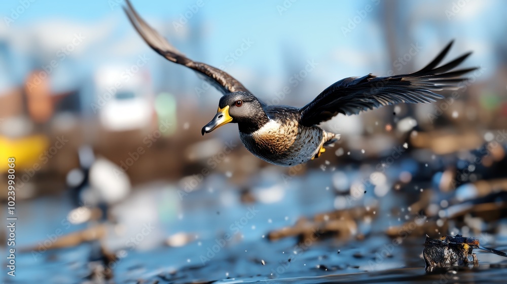 Poster a dynamic shot captures a duck deftly gliding above a vibrant and bustling lake, with a background o