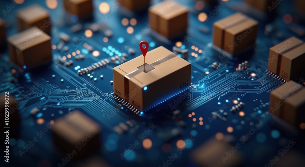 Poster close up view of a complex electronic circuit board with microchip and various digital components