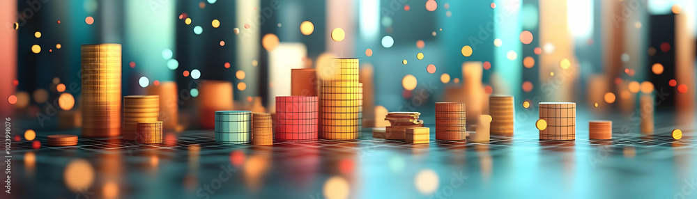 Poster 3d illustration of colorful abstract bar graph with glowing bokeh lights in background