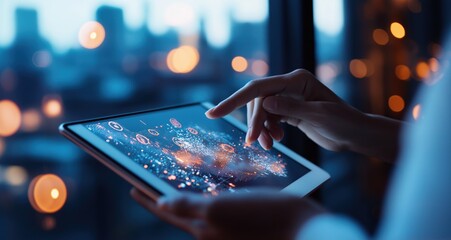 Close up of a person s hand touching and interacting with a digital tablet device against a blurred background of urban city lights and skyscrapers at night
