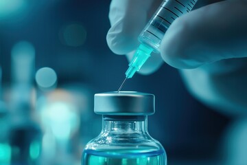 Close up of a syringe delivering a liquid medication or vaccine from a glass vial in a medical laboratory or research setting  Concept of healthcare pharmacology clinical treatment