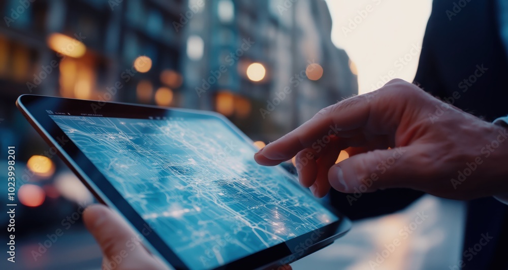 Poster closeup of hands using a digital tablet in a blurred urban nightscape with illuminated skyscrapers a