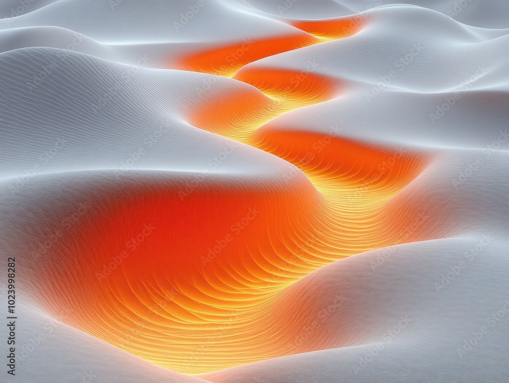 Poster an abstract 3d rendering of a white, undulating surface with a glowing orange path flowing through i