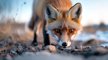 Fototapeta premium A close-up view of a fox prowling on rocky terrain, caught in beautiful sunlight, highlighting its acute sensory awareness and a naturalistic exploration of its environment.