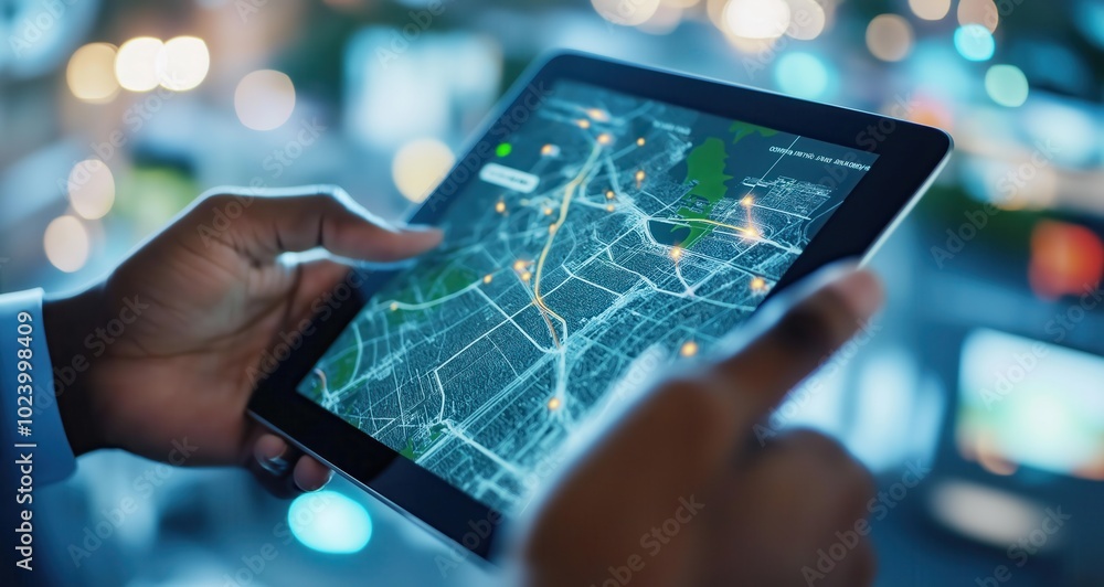 Poster digital map application displayed on tablet device in hand showing city street network and navigatio