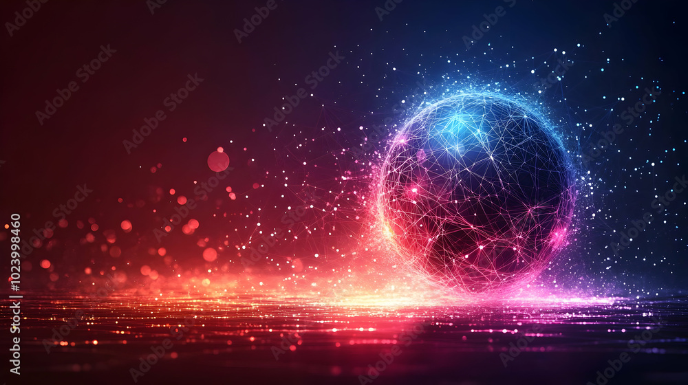 Poster abstract sphere with neon lines on a colorful background